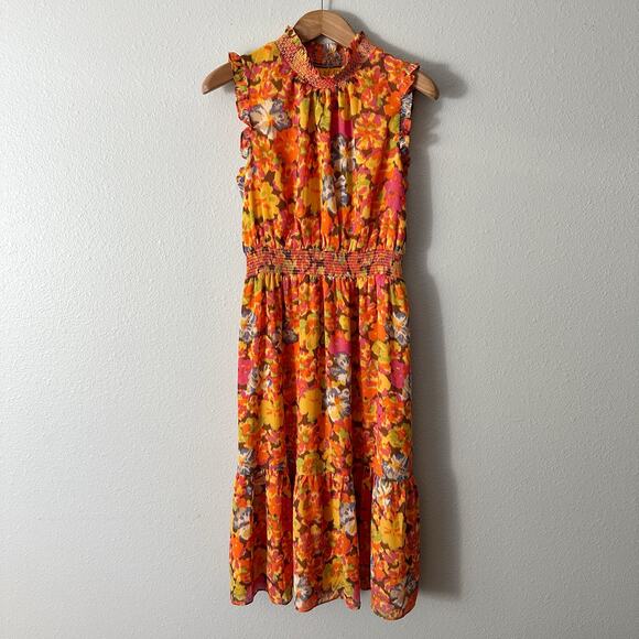 J. Crew Orange Sleeveless Smocked Mock Neck Midi Dress Women's Size Medium NEW - Picture 2 of 14